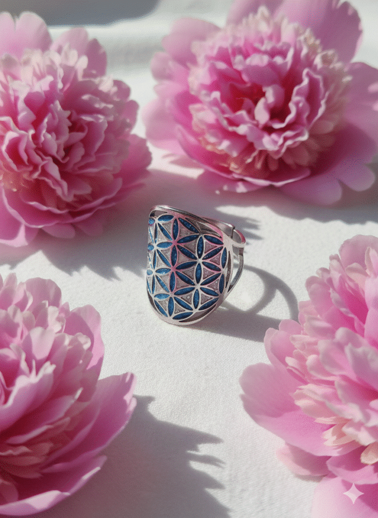 bague fleur de vie argentée aura de vie pailleté bleu et blanc Jewels Spirit de profil