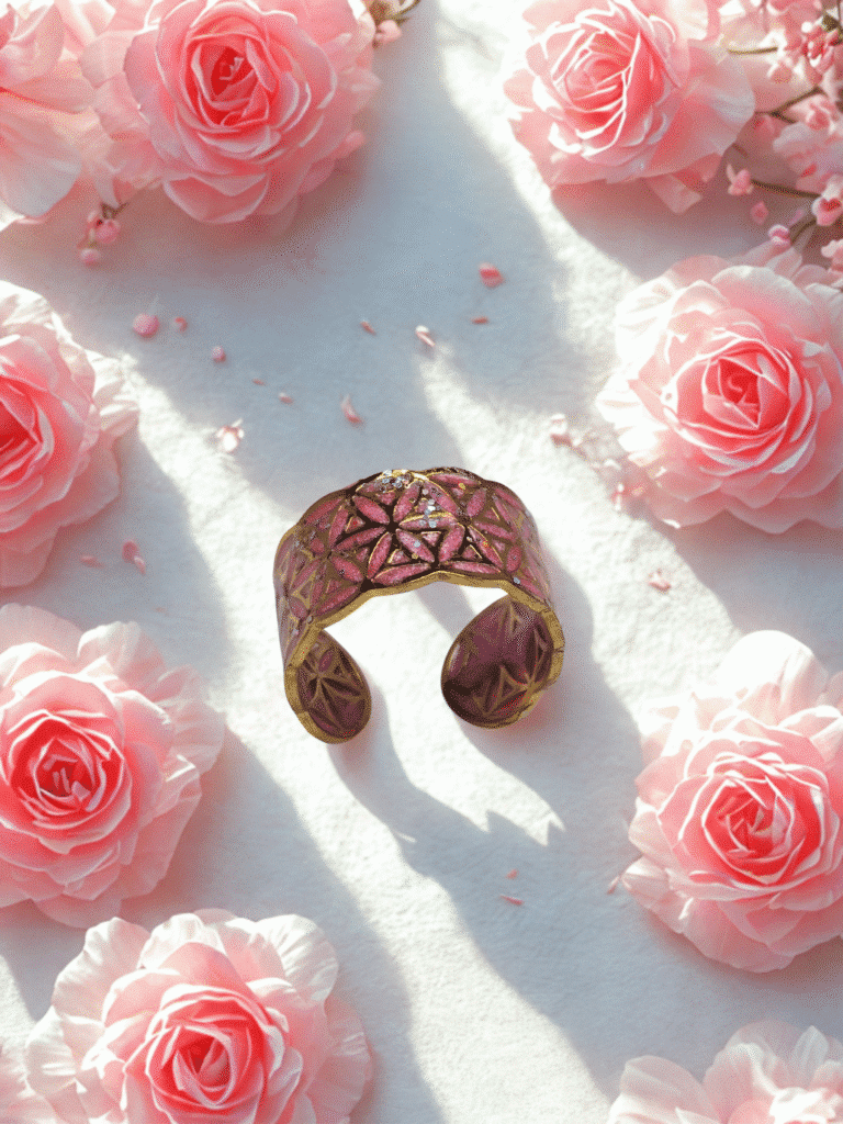 bague fleur de vie dorée rose d’or pailletée de rose Jewels Spirit vue de face avec fond de fleurs