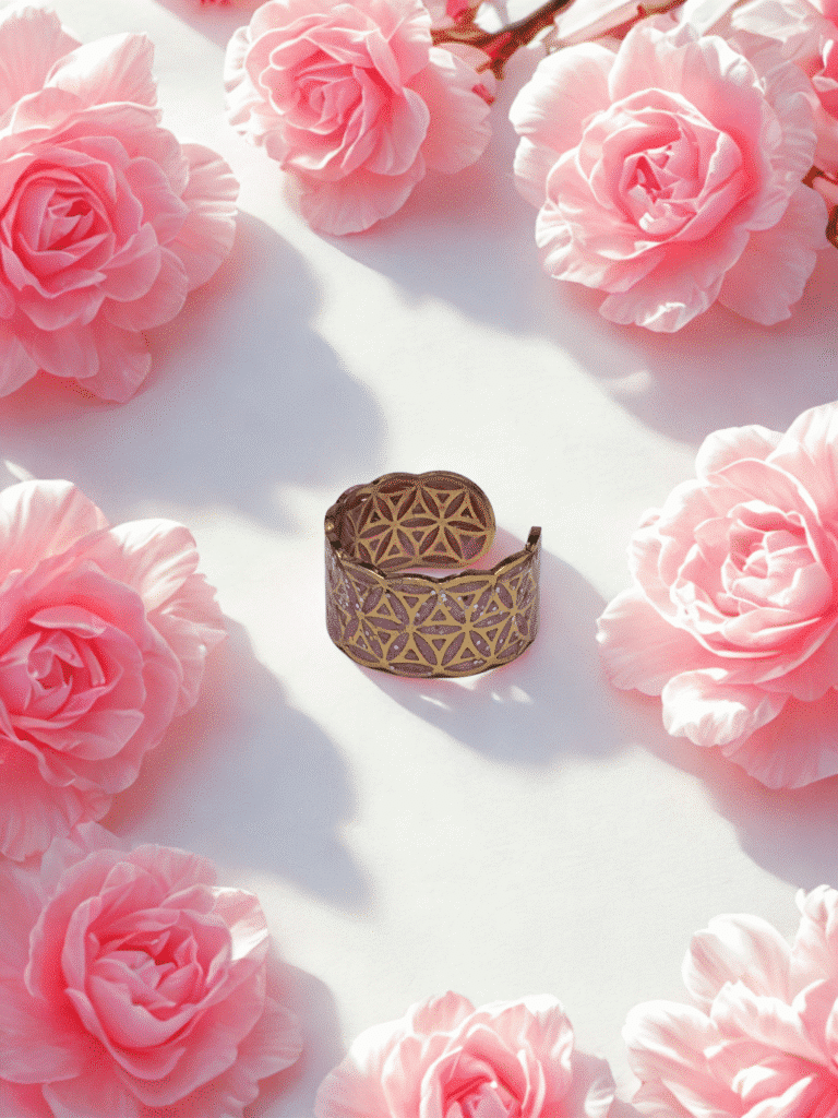 bague fleur de vie dorée rose d’or pailletée de rose Jewels Spirit vue de profil avec fond de fleurs