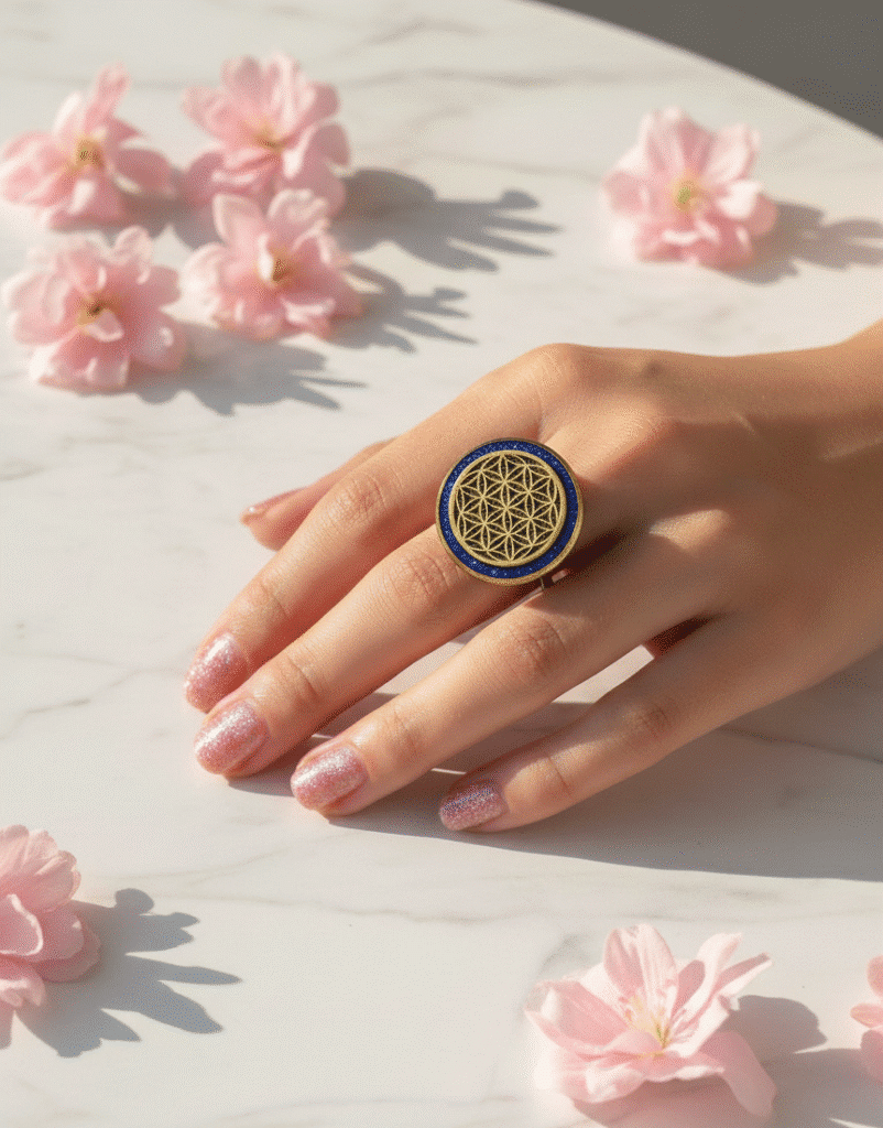 Bague fleur de vie dorée Saphir d’or fond bleu nuit de face Jewels Spirit sur main de femme