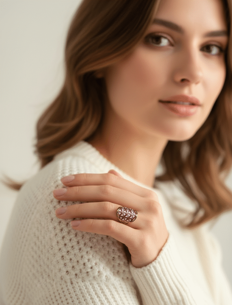 bague fleur de vie dorée lumière d’or pailleté rose et blanc Jewels Spirit sur main de femme