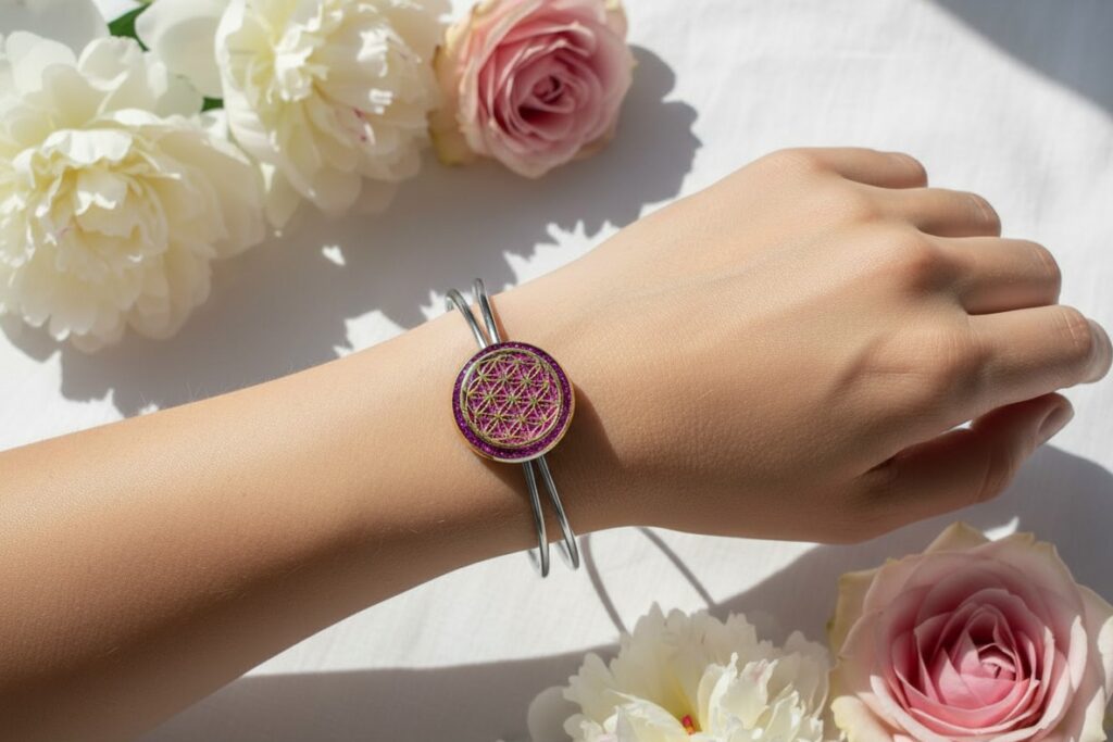 bracelet fleur de vie argentée éclat de rose fond fuchsia pailleté et d’une Fleur de Vie lumineuse Jewels Spirit vue sur un bras de femme