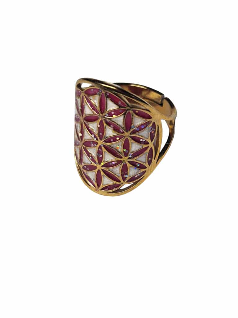 Bague Fleur de Vie Rouge Blanc en acier inoxydable doré avec fond rouge et blanc pailleté