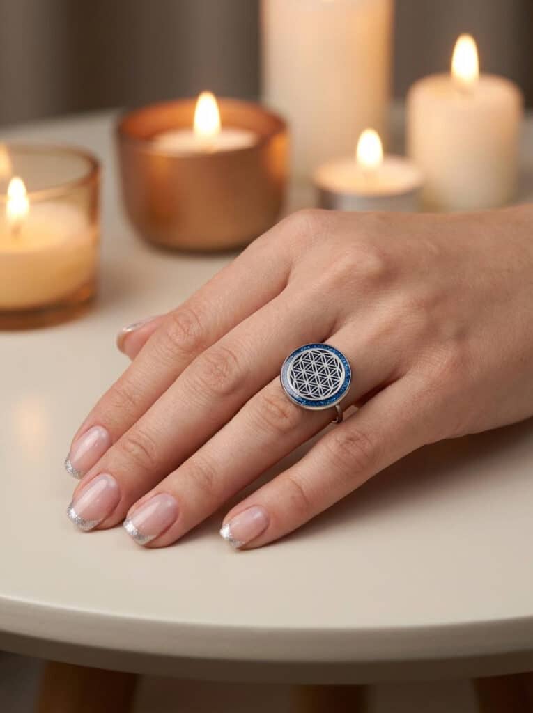 Bague Fleur de Vie Bleue Clarté Originelle en acier inoxydable argenté avec fond bleu en résine pailletée portée sur une main