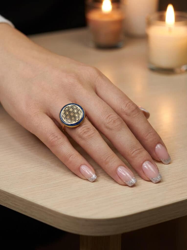 Bague Fleur de Vie Bleue Clarté Originelle en acier inoxydable doré avec fond bleu en résine pailletée portée sur une main