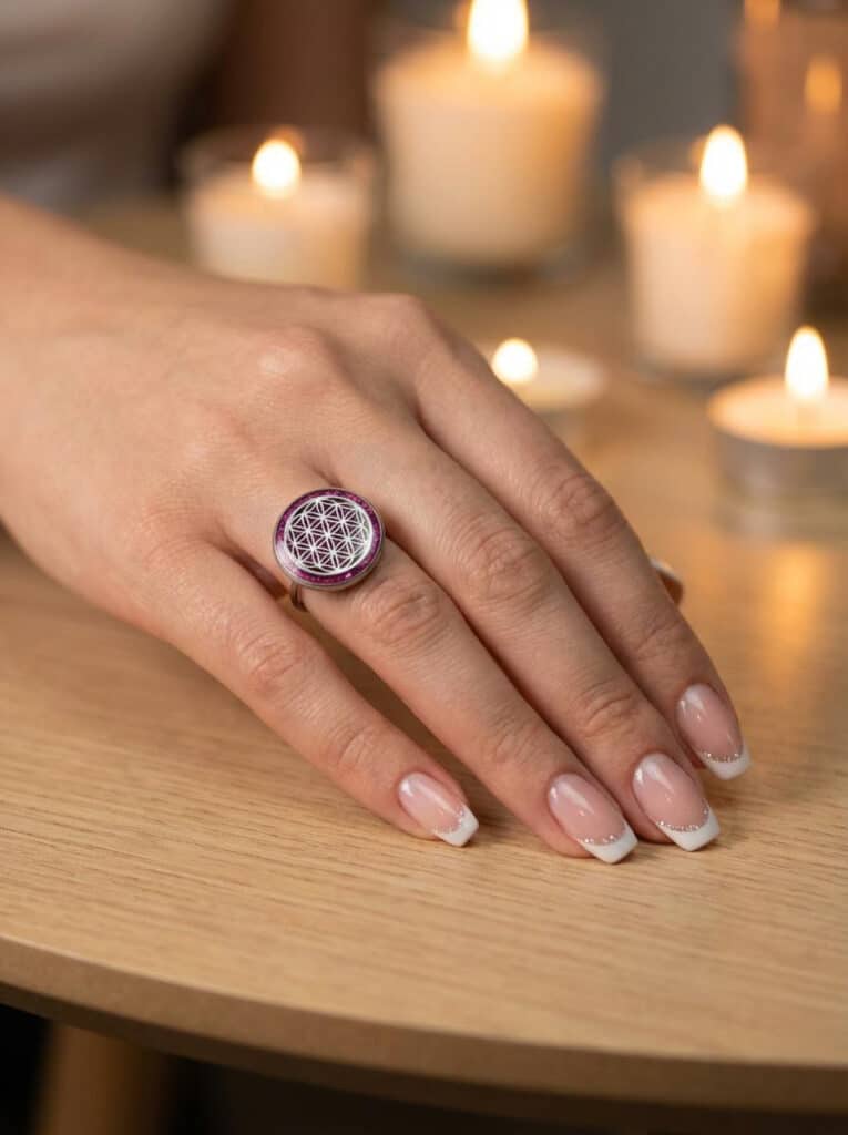 Bague Fleur de Vie fuchsia Éclat Intérieur en acier inoxydable argentée, motif rond avec résine pailletée portée sur une main