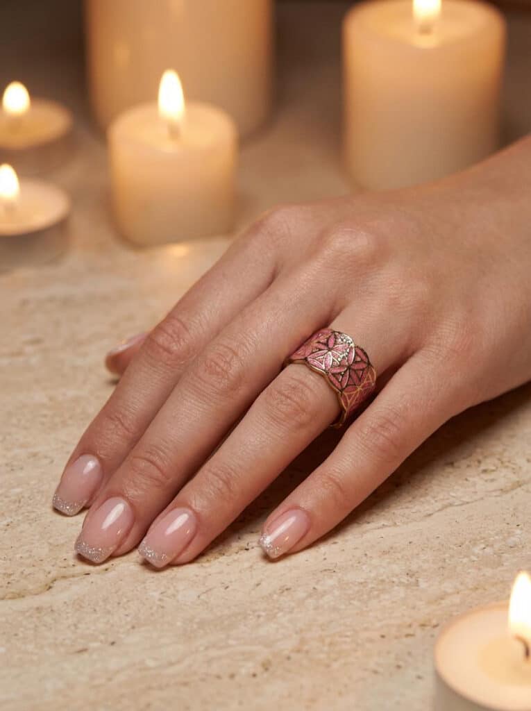Bague Fleur de Vie Rose Rayonnement Sacré en acier inoxydable, ajustable, finition dorée, fond rose en résine pailletée portée sur une main