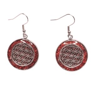 Boucles d’Oreilles Fleur de Vie Rouges Feu Intérieur en acier inoxydable argentées avec fond rouge en résine pailletée
