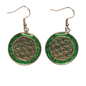 Boucles d’Oreilles Fleur de Vie Vertes Souffle d’Émeraude en acier inoxydable argentées avec fond vert en résine pailletée