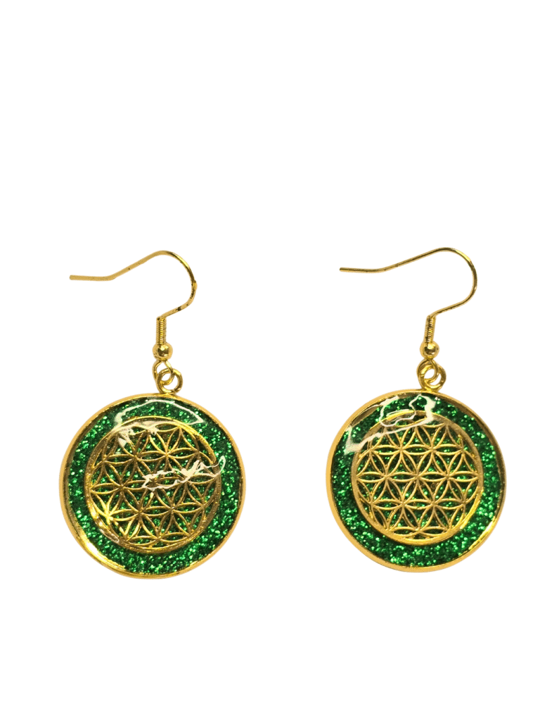 Boucles d’Oreilles Fleur de Vie Vertes Souffle d’Émeraude en acier inoxydable dorées avec fond vert en résine pailletée