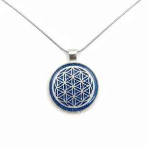 Collier Fleur de Vie bleu argenté en acier inoxydable, pendentif rond 2,5 cm avec symbole Fleur de Vie et fond vert pailleté, chaîne 45 cm, Jewels Spirit