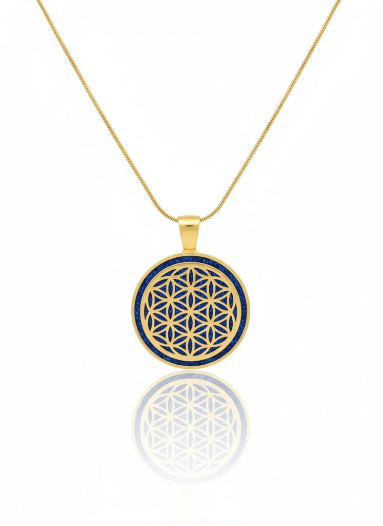 Collier Fleur de Vie bleu doré en acier inoxydable, pendentif rond 2,5 cm avec symbole Fleur de Vie et fond vert pailleté, chaîne 45 cm, Jewels Spirit