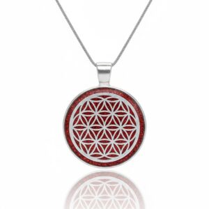Collier Fleur de Vie rouge argenté en acier inoxydable, pendentif rond 2,5 cm avec symbole Fleur de Vie et fond vert pailleté, chaîne 45 cm, Jewels Spirit