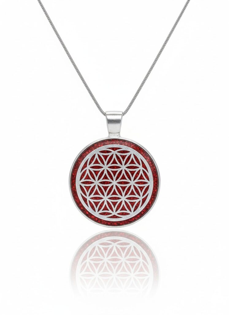 Collier Fleur de Vie rouge argenté en acier inoxydable, pendentif rond 2,5 cm avec symbole Fleur de Vie et fond vert pailleté, chaîne 45 cm, Jewels Spirit